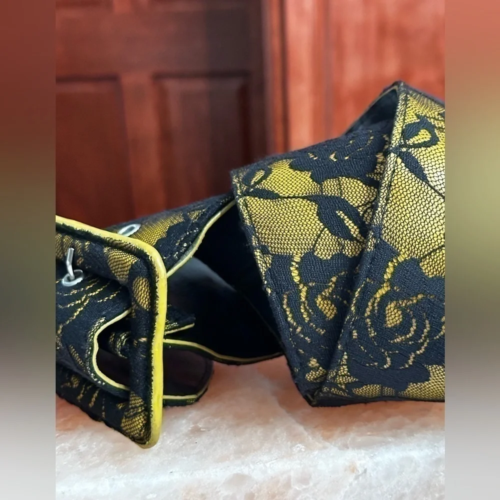 Artisan Belt Fabric Gold & Black Floral Lace Wide Faux Leather Boudoir 34